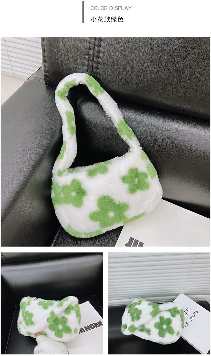Girls Cute Flower Plush Shoulder Bag Large Tote Handbag Purse Fluffy Underarm Bag Faux Fur Dating Bag for Winter Spring (Green)