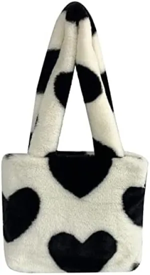 Girls Cute Heart Plush Shoulder Bag Kawaii Tote Handbag Purse Fluffy Underarm Bag Faux Fur Dating Bag for Winter Spring (White)