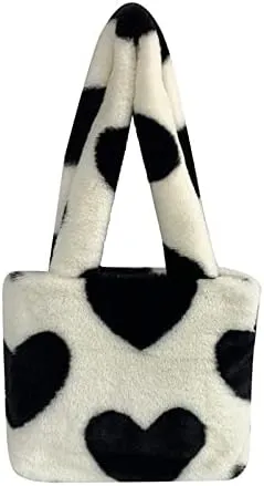 Girls Cute Heart Plush Shoulder Bag Kawaii Tote Handbag Purse Fluffy Underarm Bag Faux Fur Dating Bag for Winter Spring (White)