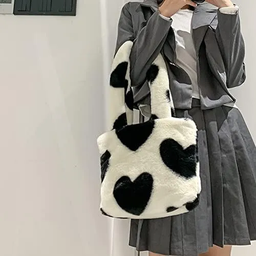 Girls Cute Heart Plush Shoulder Bag Kawaii Tote Handbag Purse Fluffy Underarm Bag Faux Fur Dating Bag for Winter Spring (White)