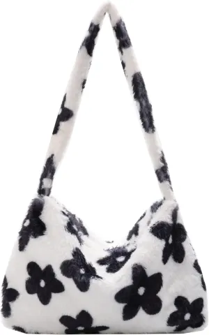 Girls Cute Plush Shoulder Bag Kawaii Tote Handbag Purse Fluffy Underarm Bag Faux Fur Dating Bag for Winter Spring (Flower)