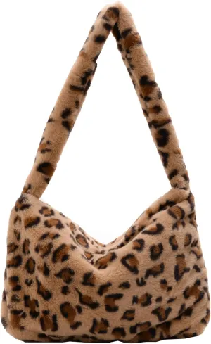 Girls Cute Plush Shoulder Bag Kawaii Tote Handbag Purse Fluffy Underarm Bag Faux Fur Dating Bag for Winter Spring (Leopard-Brown)