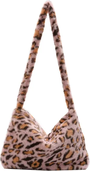 Girls Cute Plush Shoulder Bag Kawaii Tote Handbag Purse Fluffy Underarm Bag Faux Fur Dating Bag for Winter Spring (Leopard-Pink)