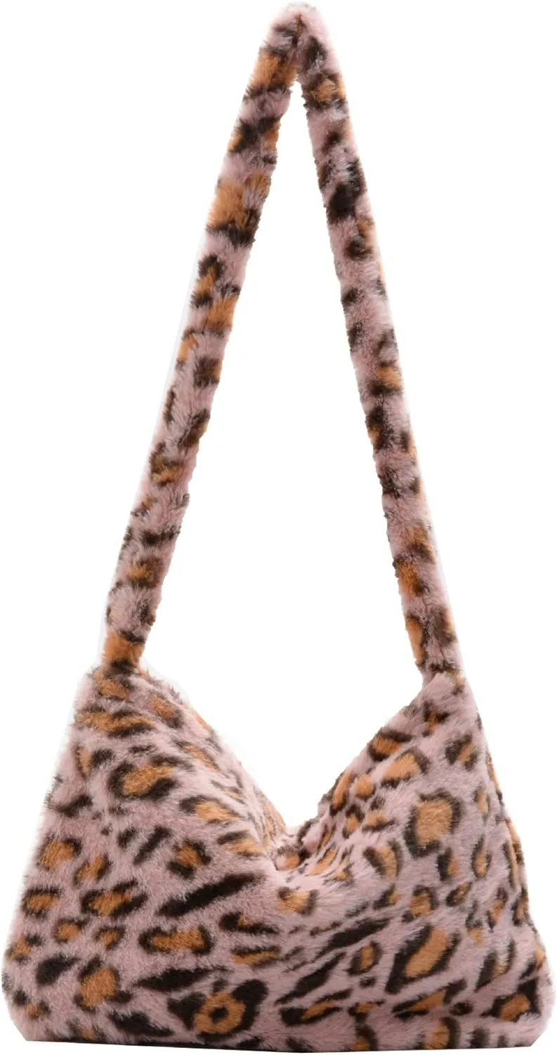 Girls Cute Plush Shoulder Bag Kawaii Tote Handbag Purse Fluffy Underarm Bag Faux Fur Dating Bag for Winter Spring (Leopard-Pink)