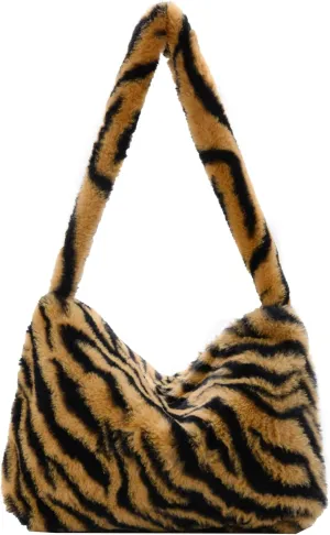 Girls Cute Plush Shoulder Bag Kawaii Tote Handbag Purse Fluffy Underarm Bag Faux Fur Dating Bag for Winter Spring (Zebra-Brown)