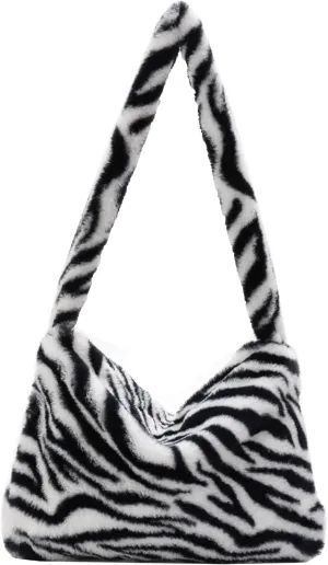 Girls Cute Plush Shoulder Bag Kawaii Tote Handbag Purse Fluffy Underarm Bag Faux Fur Dating Bag for Winter Spring (Zebra-White)