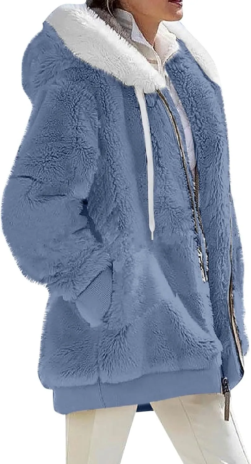 GOFULY Winter Coats For Women Oversized Sherpa Jackets Full Zip Fleece Cardigan Trendy Color Block Clothes With Pockets 2024