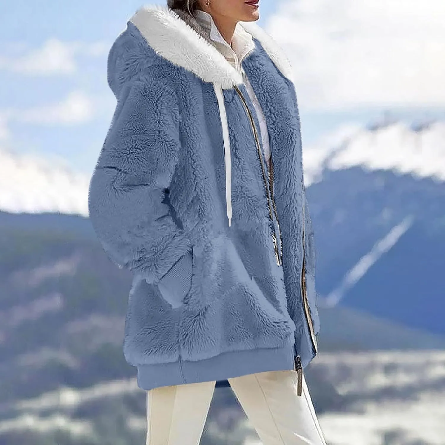 GOFULY Winter Coats For Women Oversized Sherpa Jackets Full Zip Fleece Cardigan Trendy Color Block Clothes With Pockets 2024