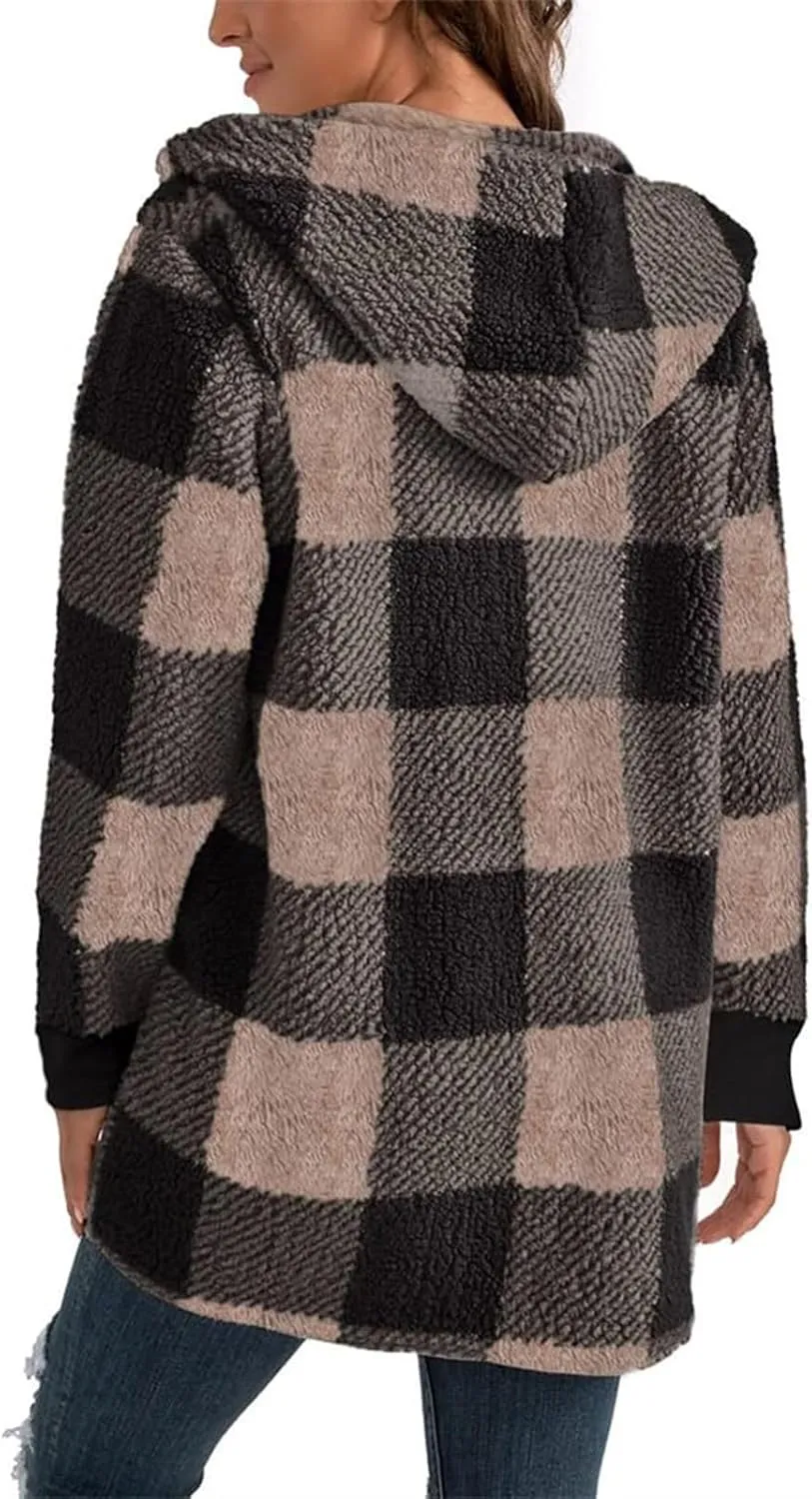 GOFULY Womens Winter Coats Trendy Fuzzy Fleece Hoodies Open Front Fall Sherpa Jackets Warm Plaid Cardigans Casual Outerwear