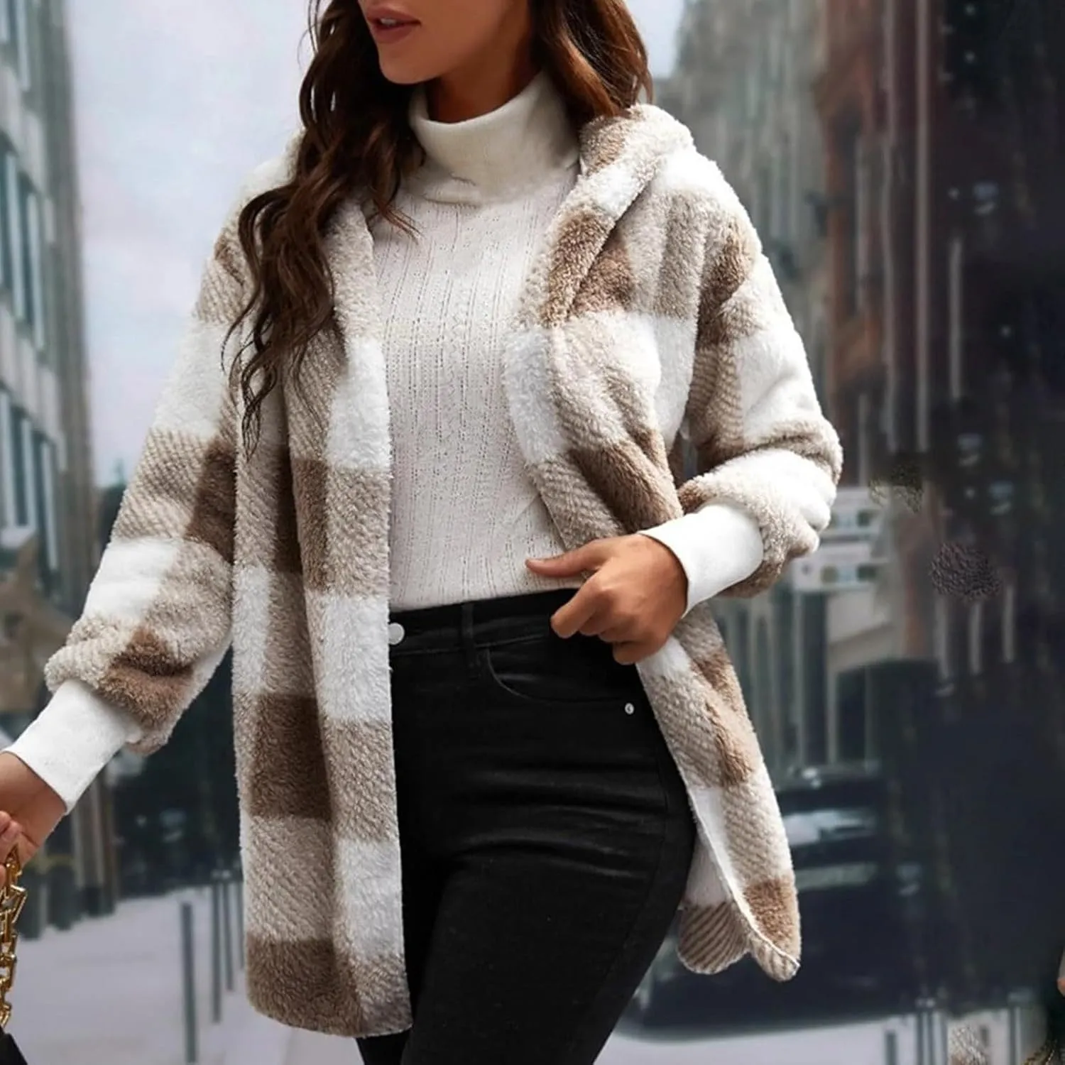 GOFULY Womens Winter Coats Trendy Fuzzy Fleece Hoodies Open Front Fall Sherpa Jackets Warm Plaid Cardigans Casual Outerwear