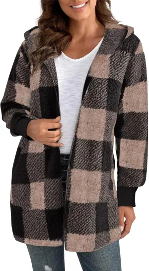 GOFULY Womens Winter Coats Trendy Fuzzy Fleece Hoodies Open Front Fall Sherpa Jackets Warm Plaid Cardigans Casual Outerwear