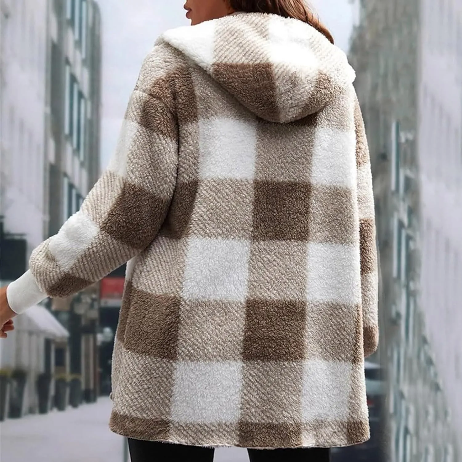 GOFULY Womens Winter Coats Trendy Fuzzy Fleece Hoodies Open Front Fall Sherpa Jackets Warm Plaid Cardigans Casual Outerwear