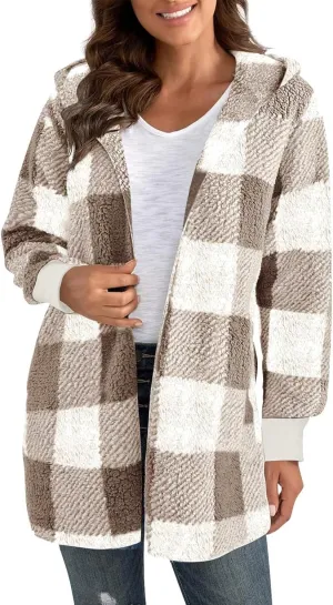 GOFULY Womens Winter Coats Trendy Fuzzy Fleece Hoodies Open Front Fall Sherpa Jackets Warm Plaid Cardigans Casual Outerwear