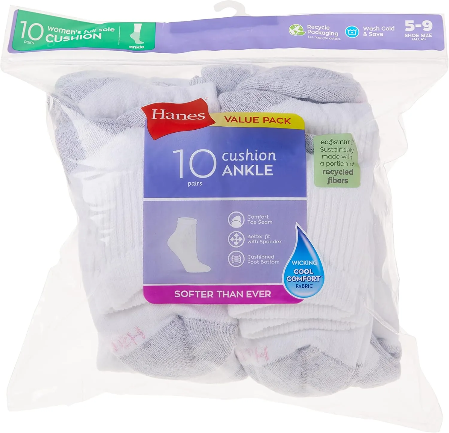 Hanes Women's Plush Soft Cushioned Heel Athletic Ankle Socks
