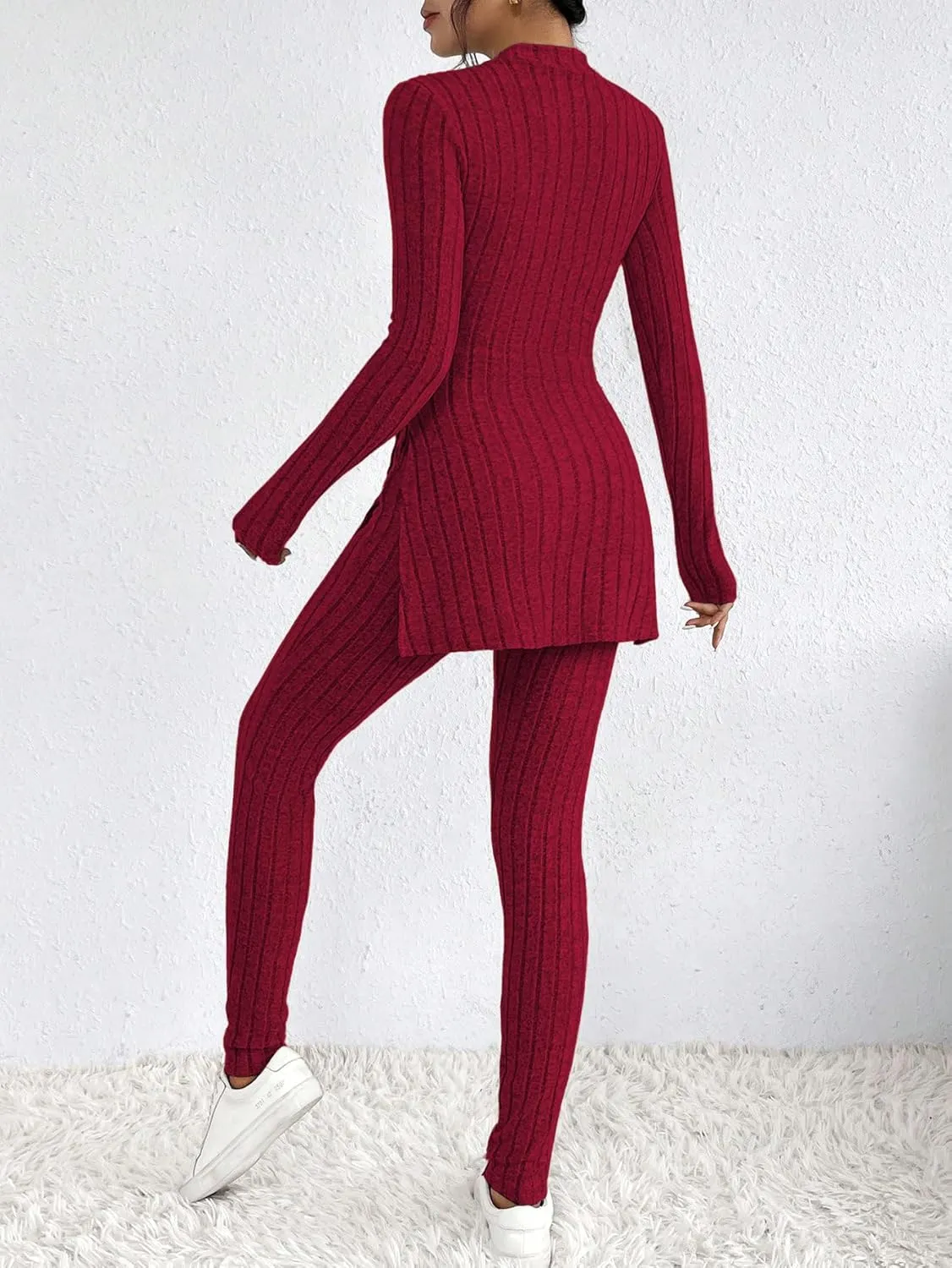 HBQ Women's 2 Piece Lounge Sets Mock Neck Ribbed Knit Matching Sweater Outfits Slim Fit Sweatsuit Bodycon Pant Sets