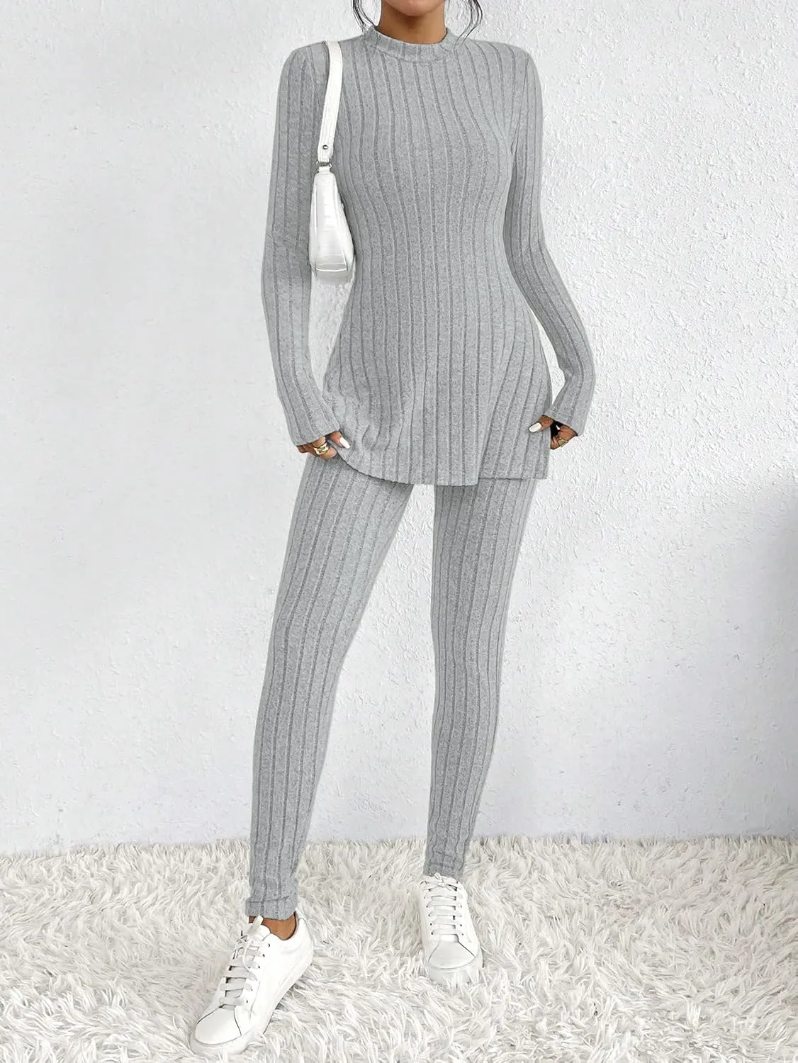 HBQ Women's 2 Piece Lounge Sets Mock Neck Ribbed Knit Matching Sweater Outfits Slim Fit Sweatsuit Bodycon Pant Sets