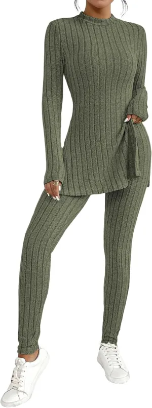 HBQ Women's 2 Piece Lounge Sets Mock Neck Ribbed Knit Matching Sweater Outfits Slim Fit Sweatsuit Bodycon Pant Sets
