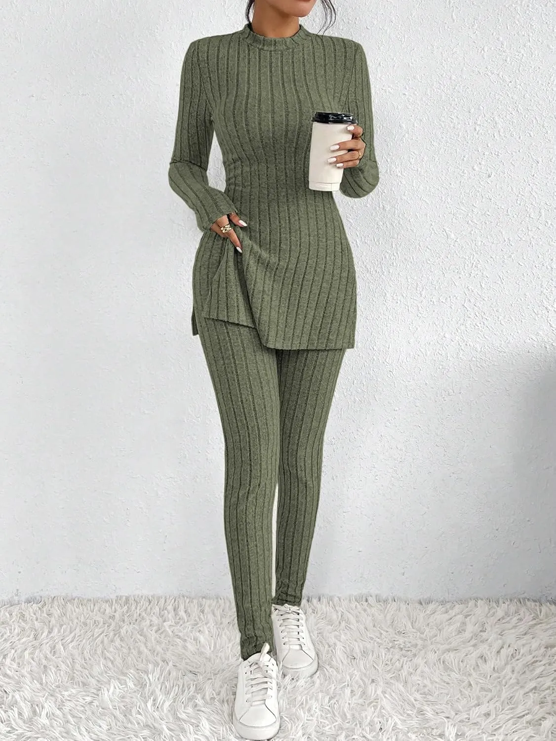 HBQ Women's 2 Piece Lounge Sets Mock Neck Ribbed Knit Matching Sweater Outfits Slim Fit Sweatsuit Bodycon Pant Sets
