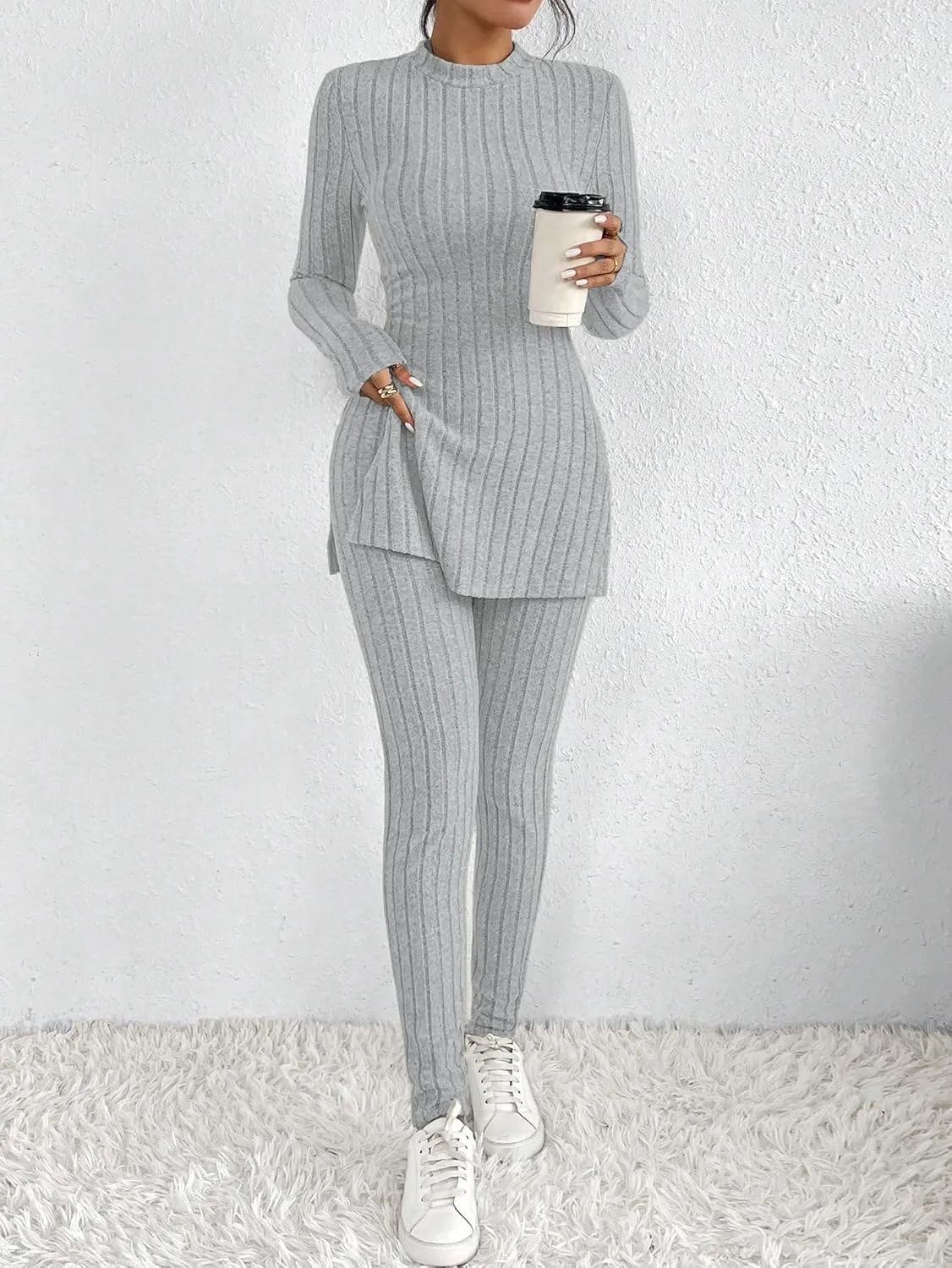 HBQ Women's 2 Piece Lounge Sets Mock Neck Ribbed Knit Matching Sweater Outfits Slim Fit Sweatsuit Bodycon Pant Sets