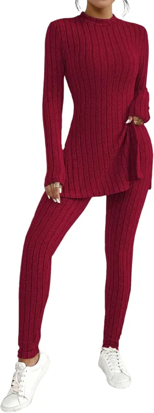 HBQ Women's 2 Piece Lounge Sets Mock Neck Ribbed Knit Matching Sweater Outfits Slim Fit Sweatsuit Bodycon Pant Sets