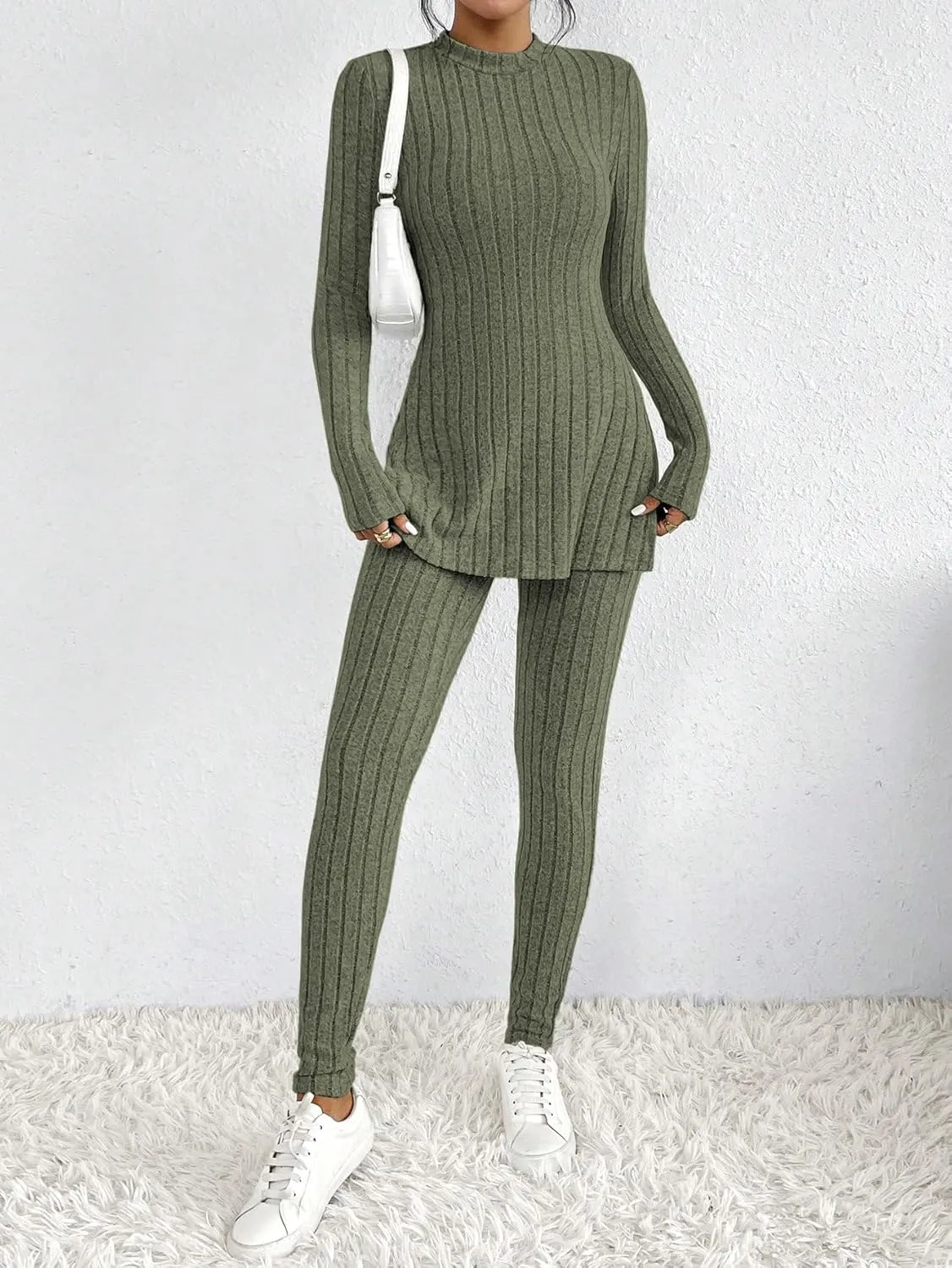 HBQ Women's 2 Piece Lounge Sets Mock Neck Ribbed Knit Matching Sweater Outfits Slim Fit Sweatsuit Bodycon Pant Sets