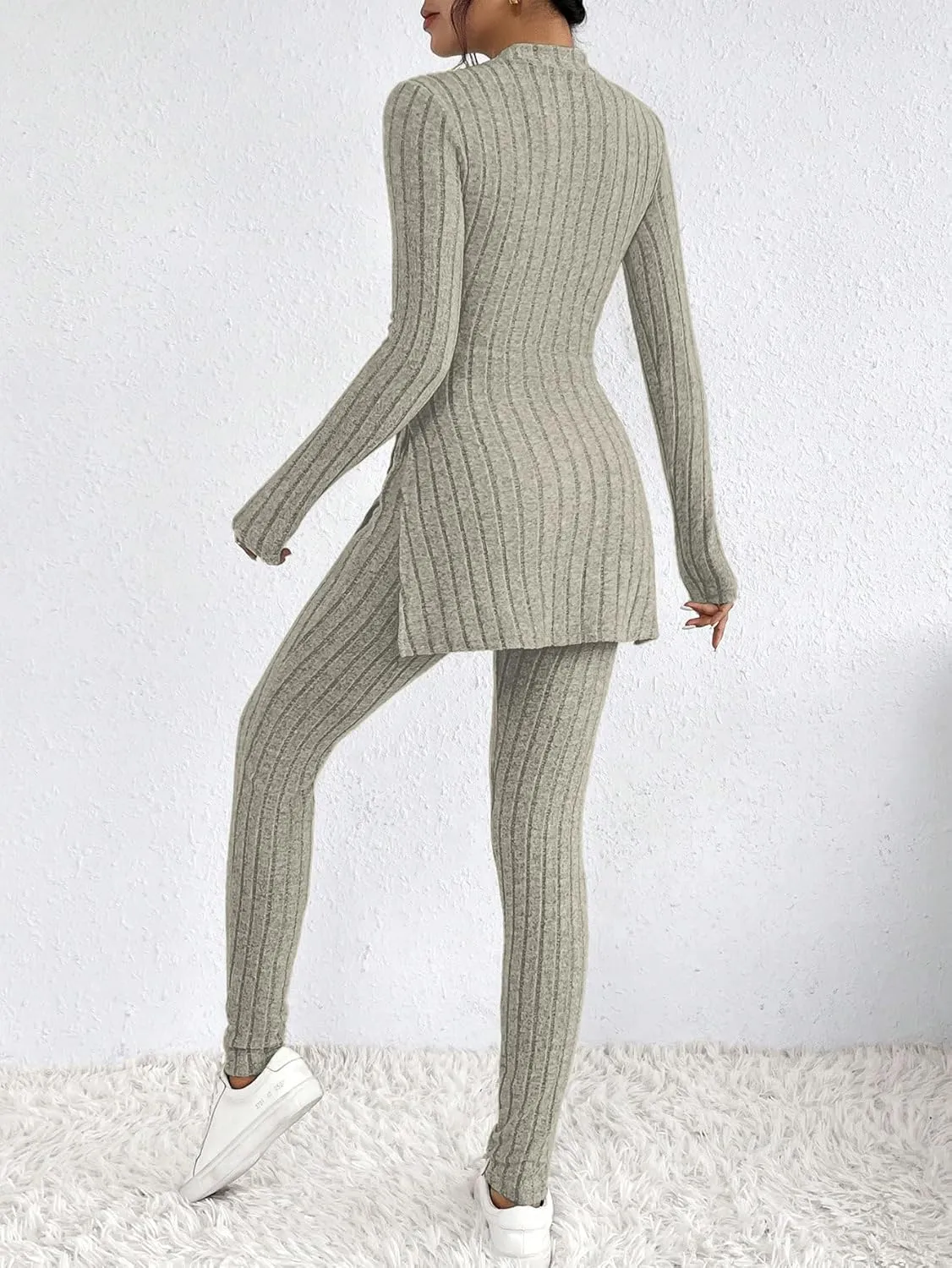 HBQ Women's 2 Piece Lounge Sets Mock Neck Ribbed Knit Matching Sweater Outfits Slim Fit Sweatsuit Bodycon Pant Sets