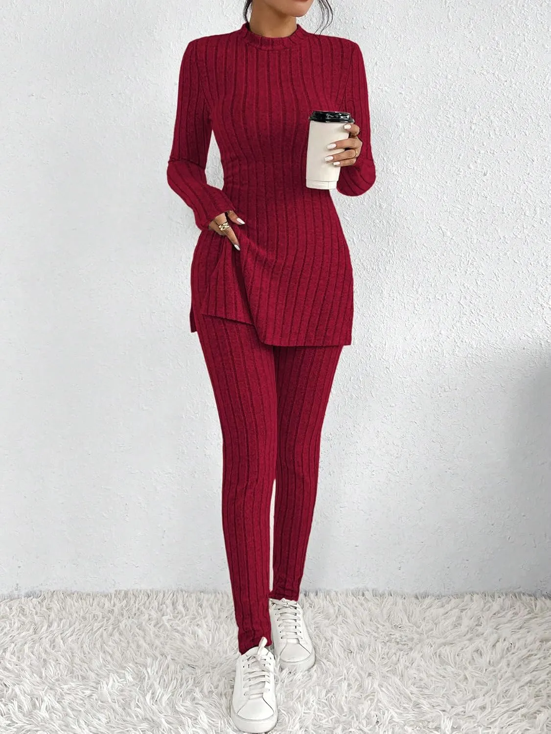 HBQ Women's 2 Piece Lounge Sets Mock Neck Ribbed Knit Matching Sweater Outfits Slim Fit Sweatsuit Bodycon Pant Sets