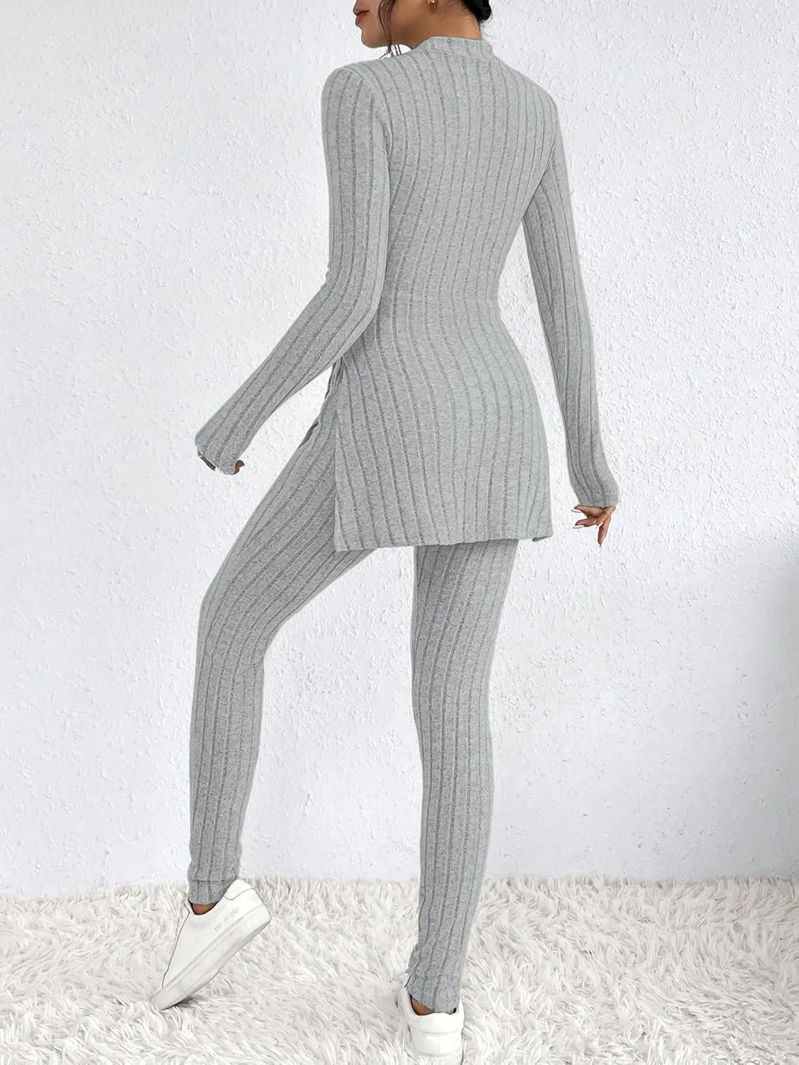 HBQ Women's 2 Piece Lounge Sets Mock Neck Ribbed Knit Matching Sweater Outfits Slim Fit Sweatsuit Bodycon Pant Sets