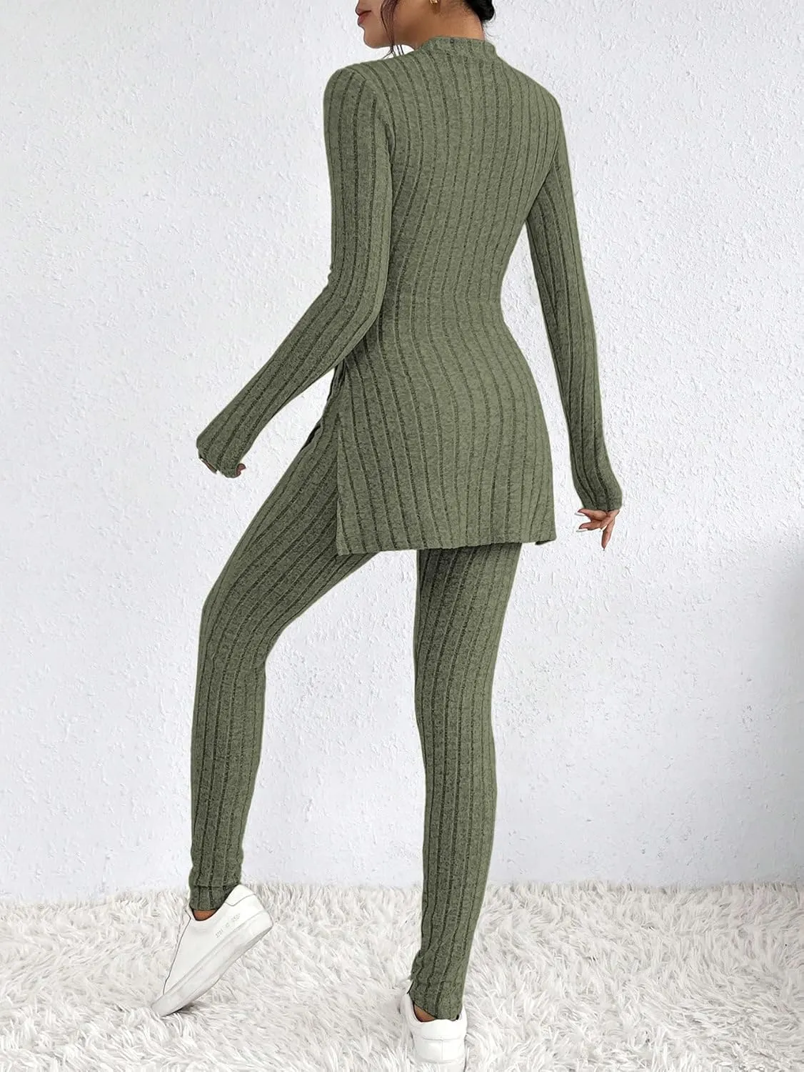 HBQ Women's 2 Piece Lounge Sets Mock Neck Ribbed Knit Matching Sweater Outfits Slim Fit Sweatsuit Bodycon Pant Sets