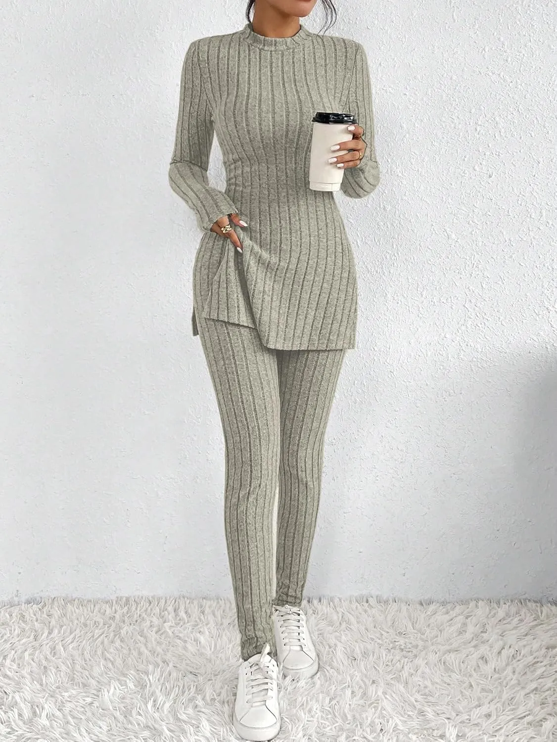 HBQ Women's 2 Piece Lounge Sets Mock Neck Ribbed Knit Matching Sweater Outfits Slim Fit Sweatsuit Bodycon Pant Sets