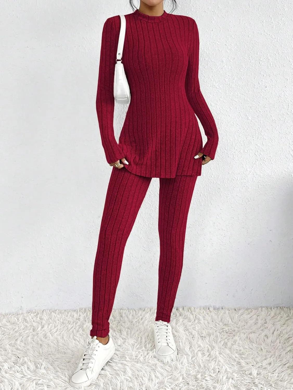 HBQ Women's 2 Piece Lounge Sets Mock Neck Ribbed Knit Matching Sweater Outfits Slim Fit Sweatsuit Bodycon Pant Sets