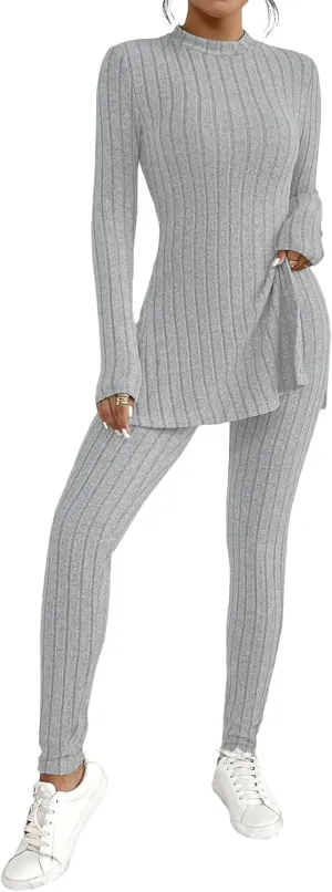 HBQ Women's 2 Piece Lounge Sets Mock Neck Ribbed Knit Matching Sweater Outfits Slim Fit Sweatsuit Bodycon Pant Sets