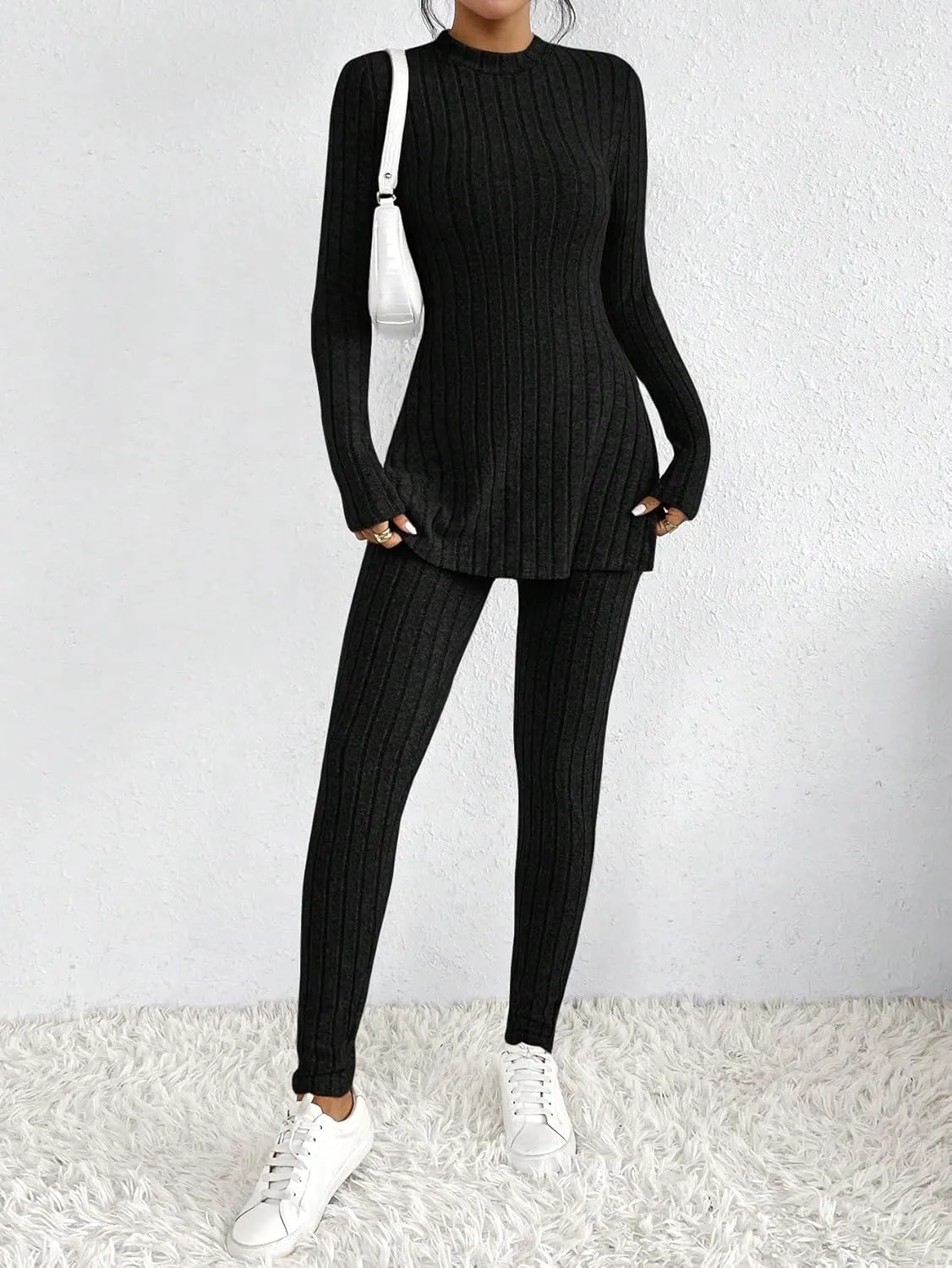 HBQ Women's 2 Piece Lounge Sets Mock Neck Ribbed Knit Matching Sweater Outfits Slim Fit Sweatsuit Bodycon Pant Sets