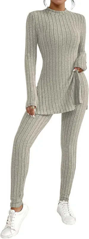 HBQ Women's 2 Piece Lounge Sets Mock Neck Ribbed Knit Matching Sweater Outfits Slim Fit Sweatsuit Bodycon Pant Sets