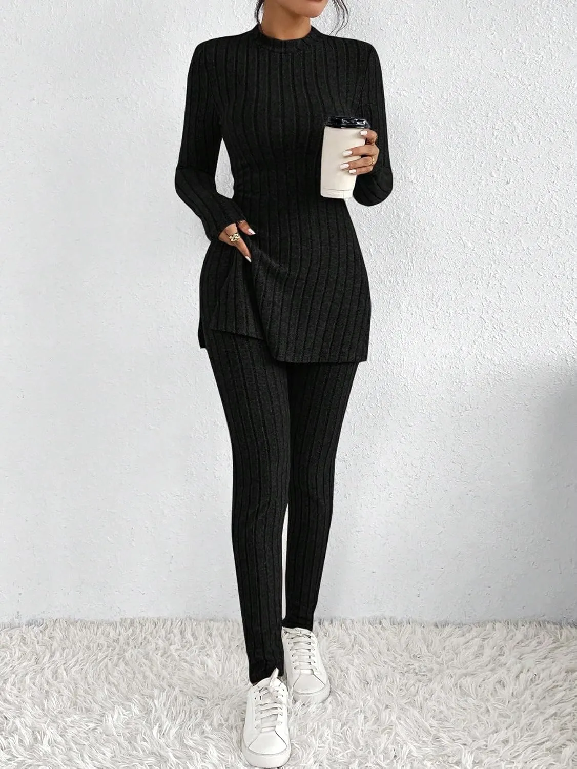 HBQ Women's 2 Piece Lounge Sets Mock Neck Ribbed Knit Matching Sweater Outfits Slim Fit Sweatsuit Bodycon Pant Sets