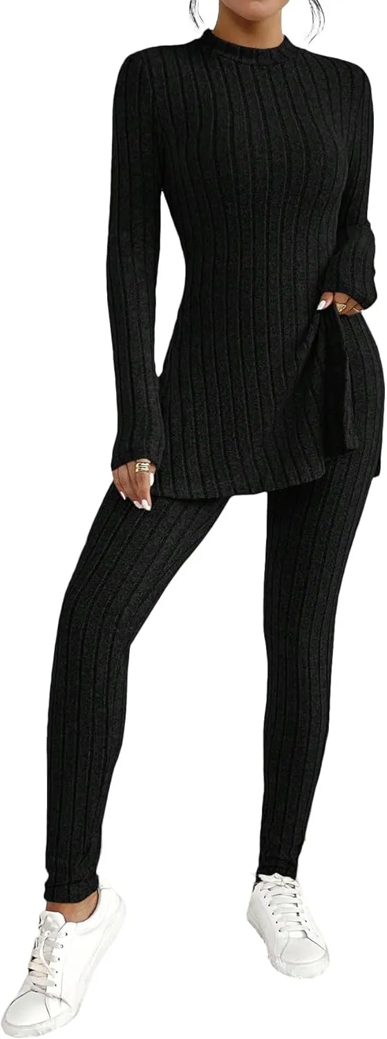 HBQ Women's 2 Piece Lounge Sets Mock Neck Ribbed Knit Matching Sweater Outfits Slim Fit Sweatsuit Bodycon Pant Sets