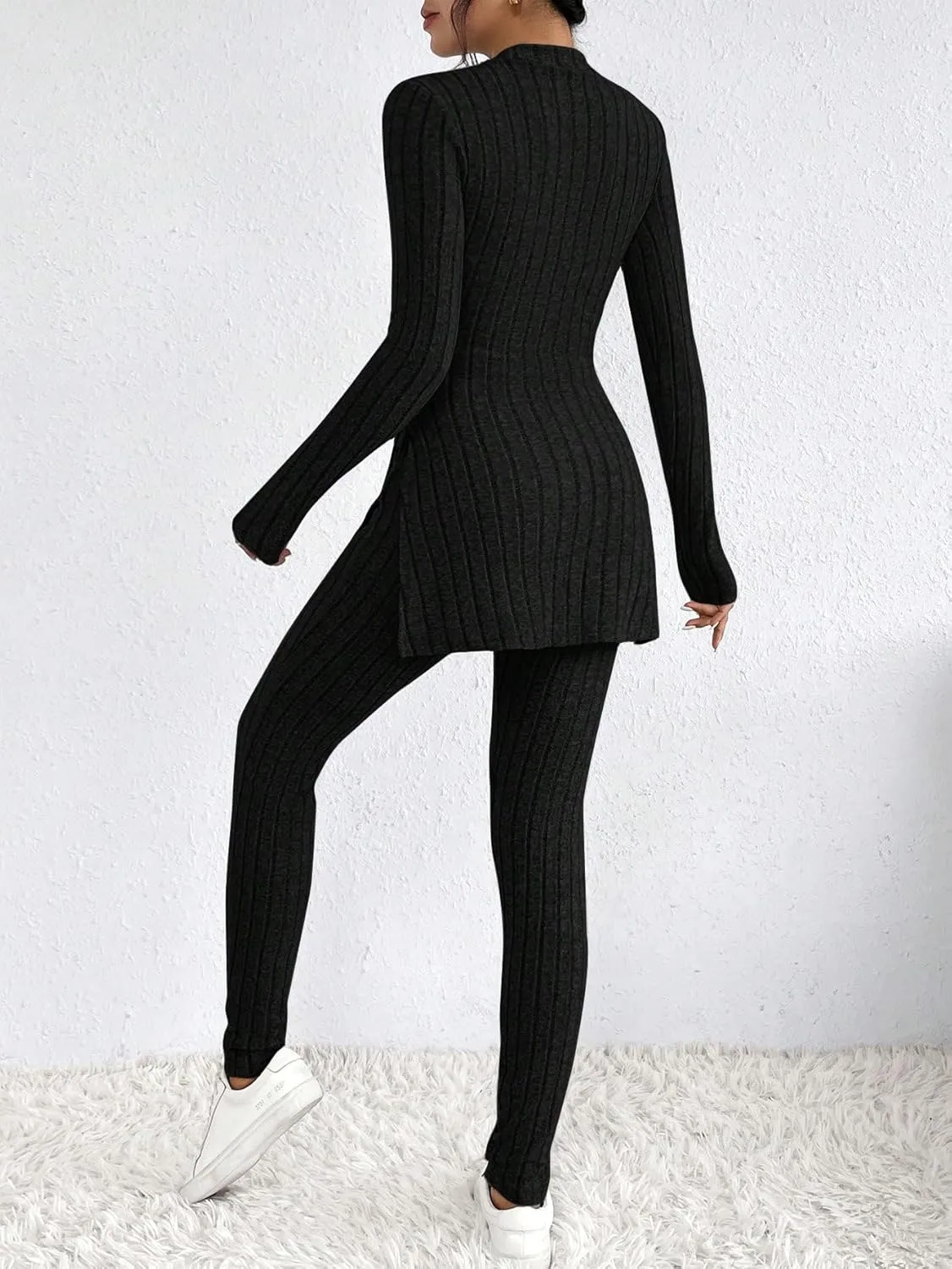 HBQ Women's 2 Piece Lounge Sets Mock Neck Ribbed Knit Matching Sweater Outfits Slim Fit Sweatsuit Bodycon Pant Sets