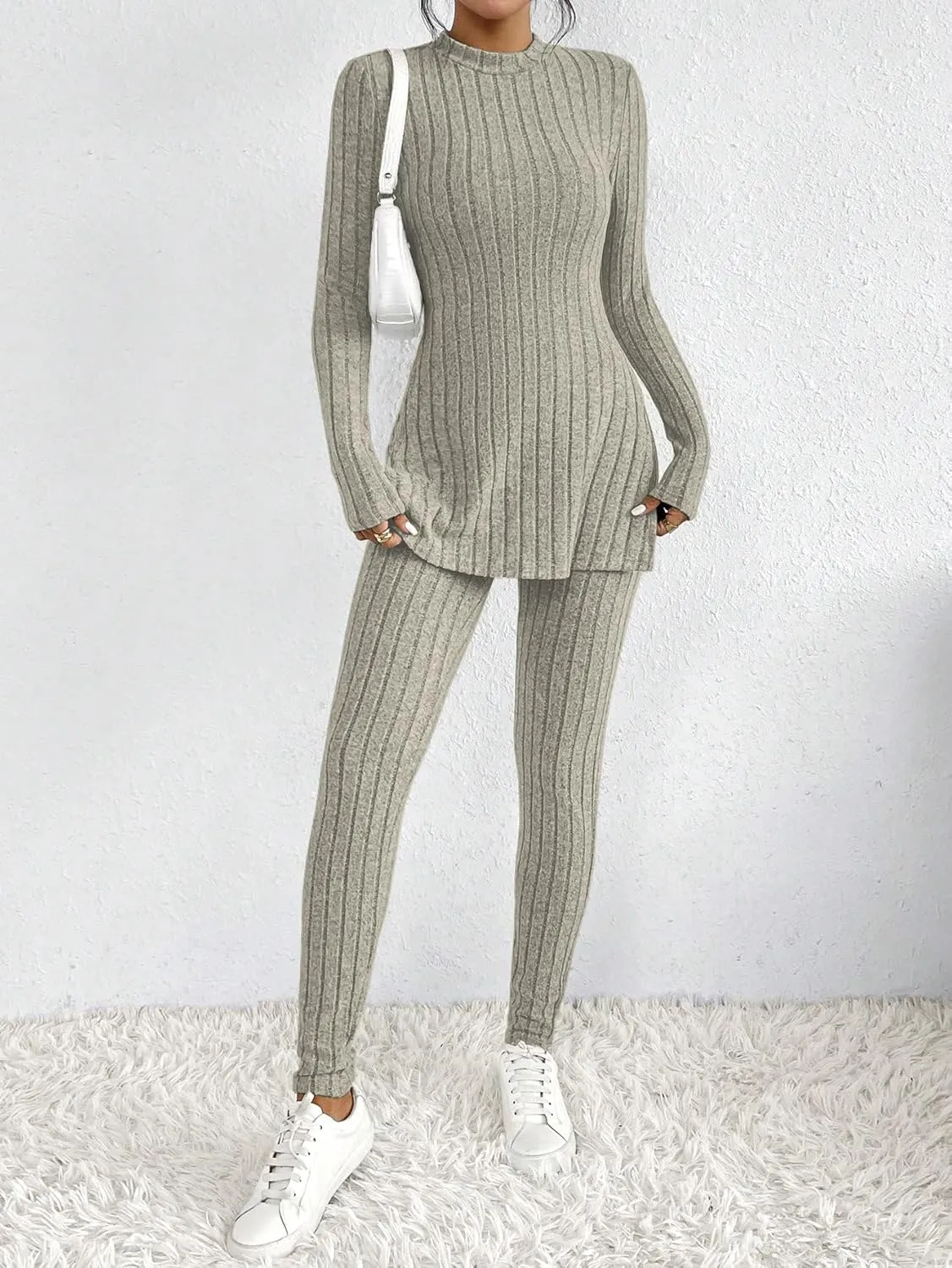 HBQ Women's 2 Piece Lounge Sets Mock Neck Ribbed Knit Matching Sweater Outfits Slim Fit Sweatsuit Bodycon Pant Sets