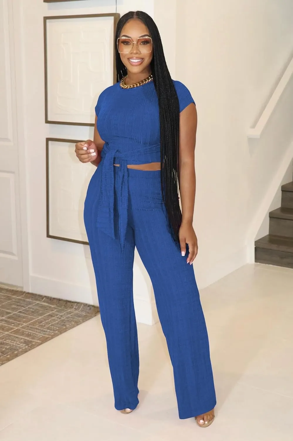 HBQ Women's Summer 2 Piece Outfits Lounge Sets Short Sleeve Belted Crop Tops Wide Leg Pant Sets Casual Tracksuit