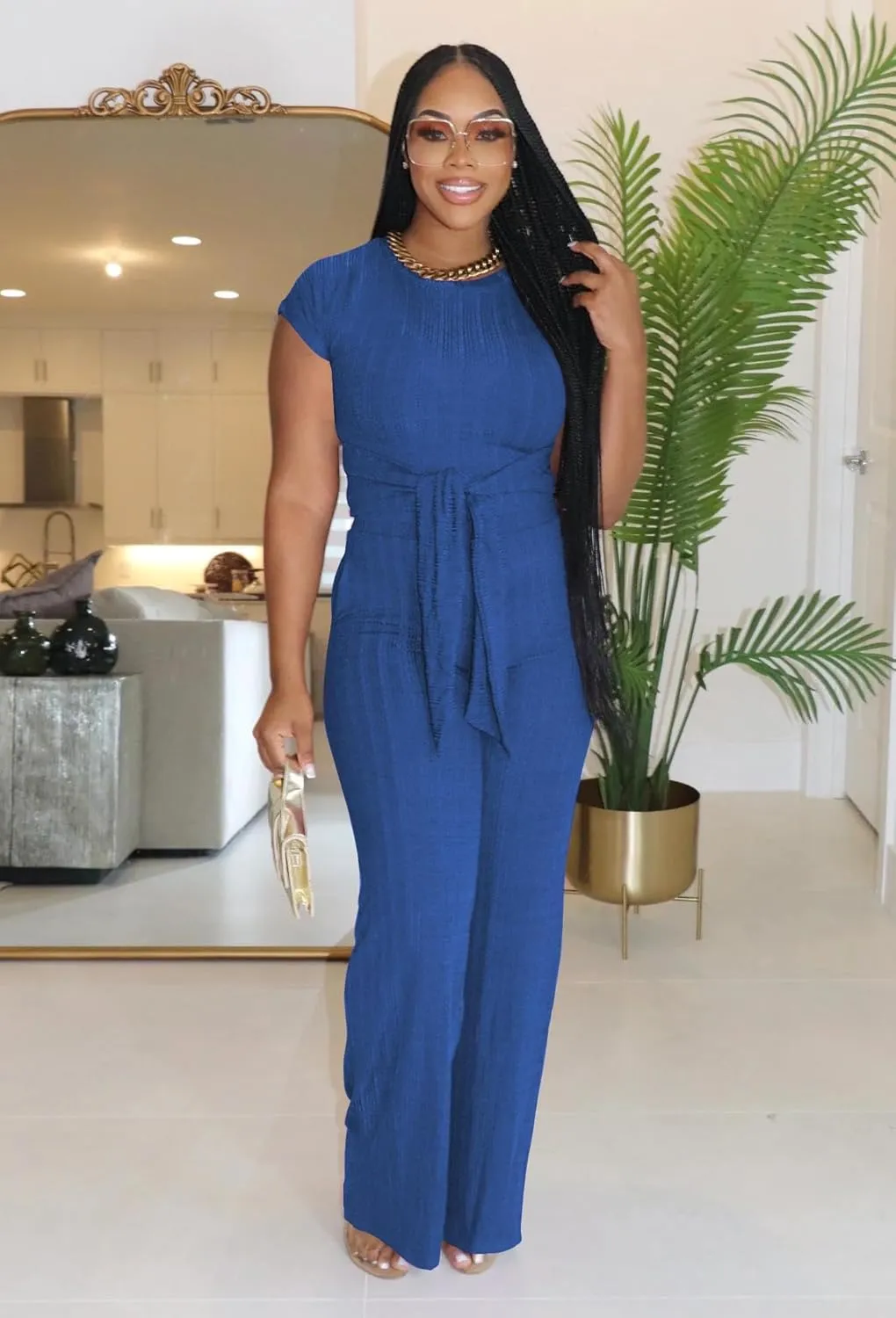 HBQ Women's Summer 2 Piece Outfits Lounge Sets Short Sleeve Belted Crop Tops Wide Leg Pant Sets Casual Tracksuit