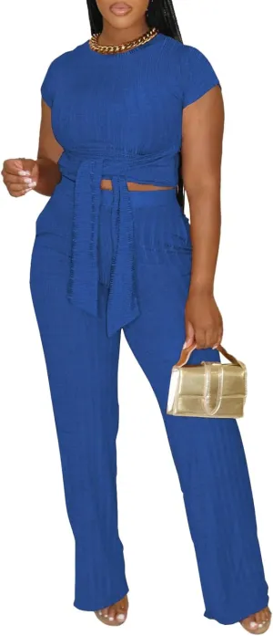 HBQ Women's Summer 2 Piece Outfits Lounge Sets Short Sleeve Belted Crop Tops Wide Leg Pant Sets Casual Tracksuit