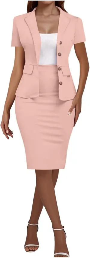 HGps8w Plus Size 2 Piece Sets for Women Summer Dressy Short Sleeve Blazer Knee Lenght Pencil Skirt Elegant Business Outfits