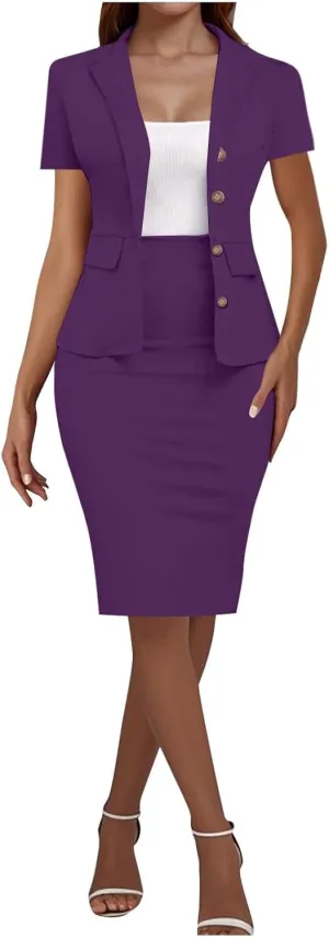HGps8w Plus Size 2 Piece Sets for Women Summer Dressy Short Sleeve Blazer Knee Lenght Pencil Skirt Elegant Business Outfits