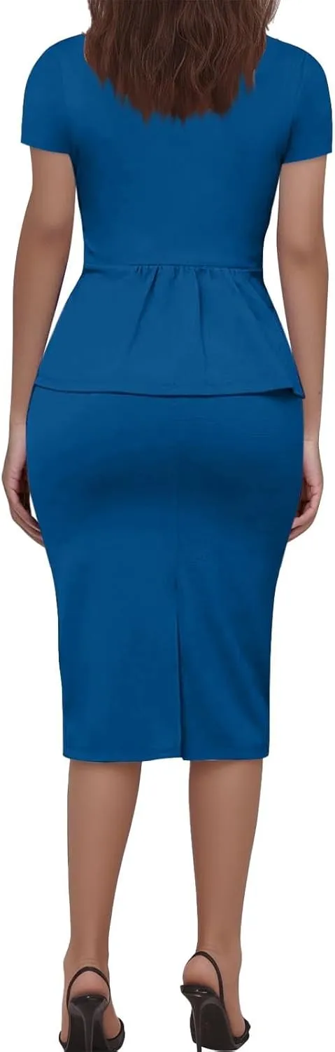 HGps8w Plus Size 2 Piece Sets for Women Summer Dressy Short Sleeve Blazer Knee Lenght Pencil Skirt Elegant Business Outfits