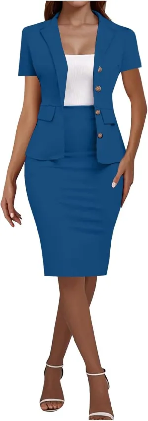HGps8w Plus Size 2 Piece Sets for Women Summer Dressy Short Sleeve Blazer Knee Lenght Pencil Skirt Elegant Business Outfits