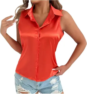 HGps8w Silky Tank Tops for Womens 2025 Summer Button Down Satin Work Shirts Dressy Collared Sleeveless Business Casual Blouse