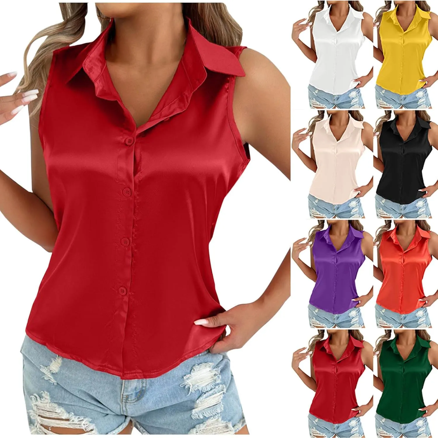 HGps8w Silky Tank Tops for Womens 2025 Summer Button Down Satin Work Shirts Dressy Collared Sleeveless Business Casual Blouse