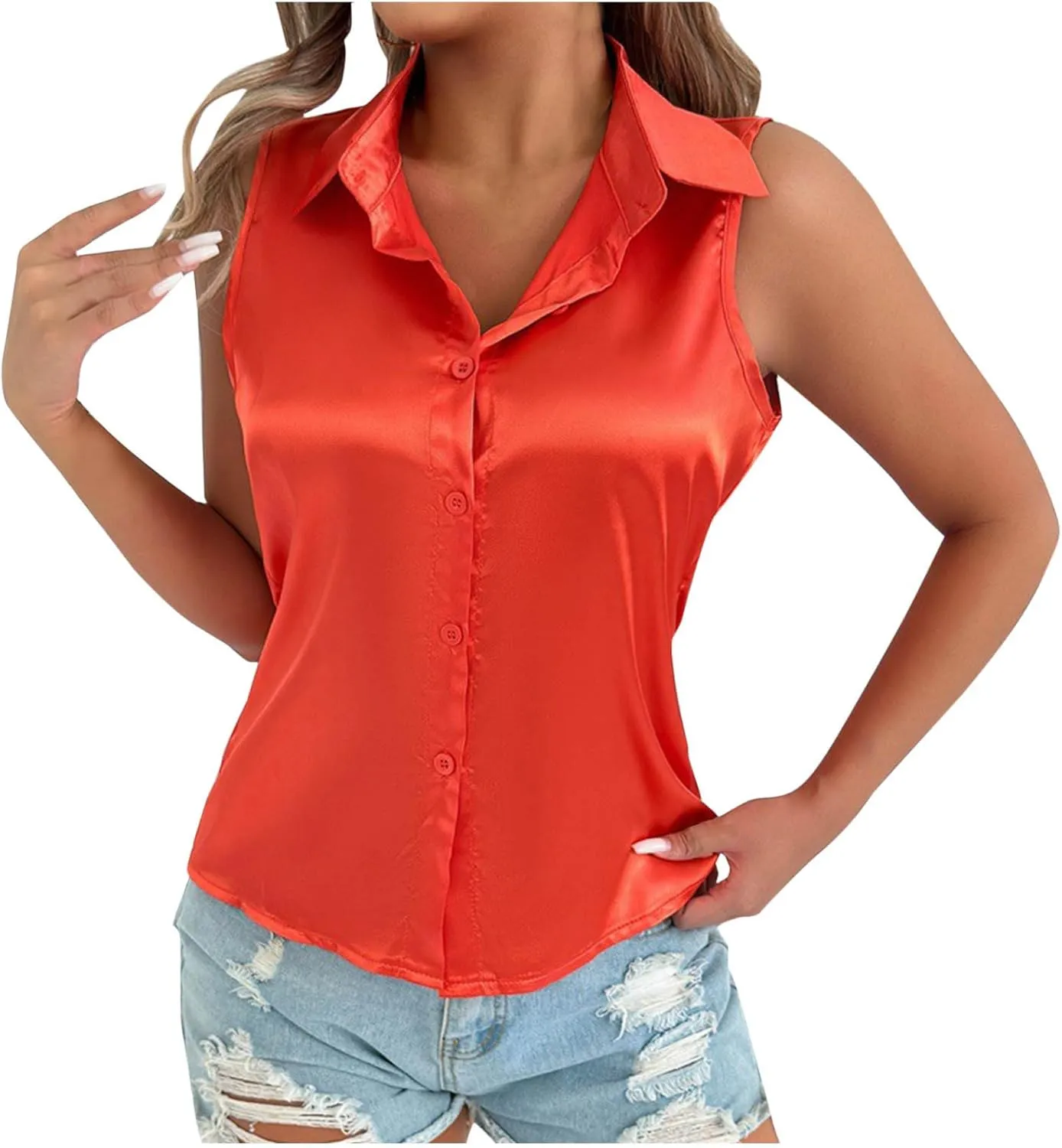 HGps8w Silky Tank Tops for Womens 2025 Summer Button Down Satin Work Shirts Dressy Collared Sleeveless Business Casual Blouse