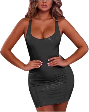 HGps8w Womens Faux PU Leather Mini Bodycon Dress Sexy Scoop Neck Sleeveless Party Club Night Evening Cocktail Dresses
