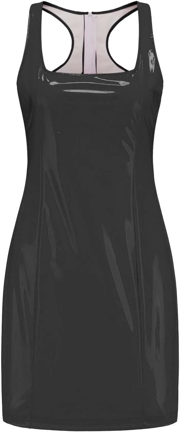 HGps8w Womens Faux PU Leather Mini Bodycon Dress Sexy Scoop Neck Sleeveless Party Club Night Evening Cocktail Dresses